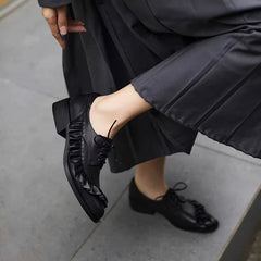 Black Soft Leather Lace-up Loafers Pleated Design Brand Low Heel Pumps Cozy Commuter Office Shoes Zapatos De Mujer