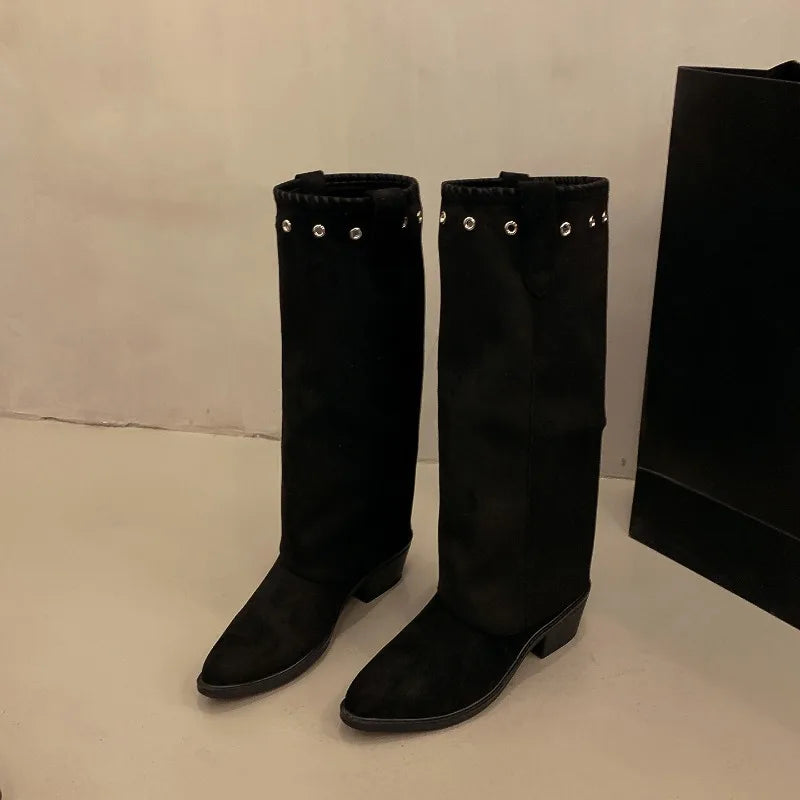 Vintage Thick Heel Western Cowboy Boots Button Combination Splicing Shoes Pipe Long Booties