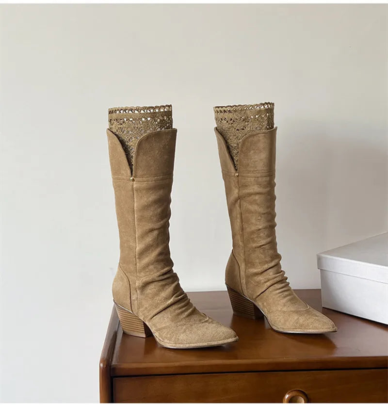 Pleated Design Knee-High Boots Vintage Faux Suede Lace High heels Western Cowboy Long Booties Shoes
