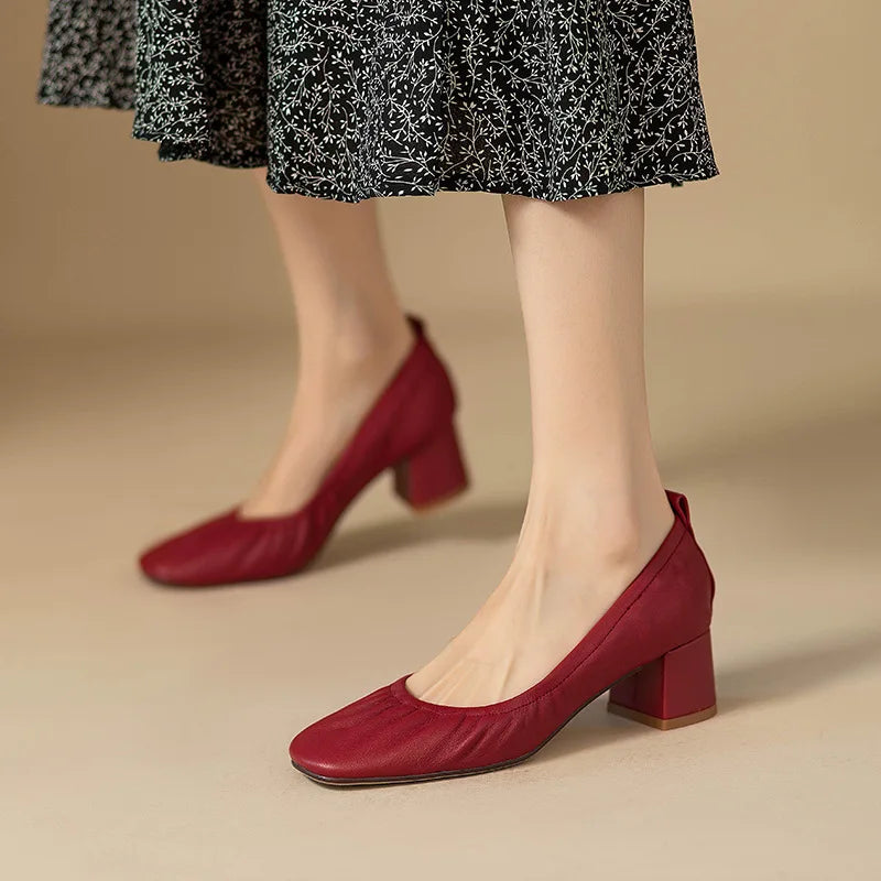 Oxford Shoes Vintage Pumps Mid Heels Square Toe Pumps Slip on Sewing High Heels Boat Shoes Elegant