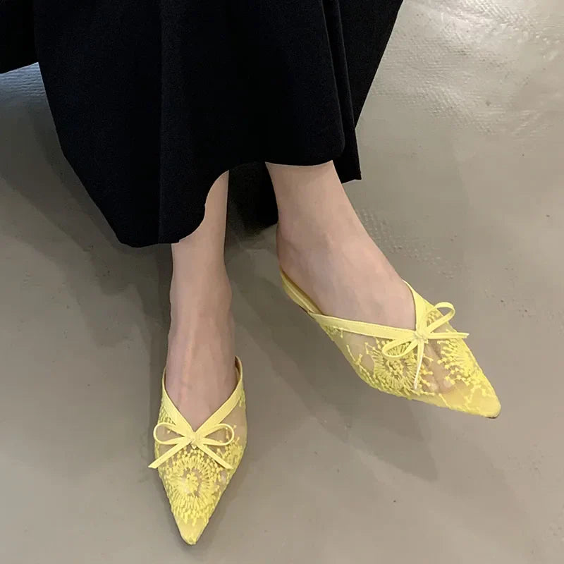 Butterfly-Knot Mesh Flats Slippers Mules Shoes Slides Pointed Toe Flats Sandals Shoes