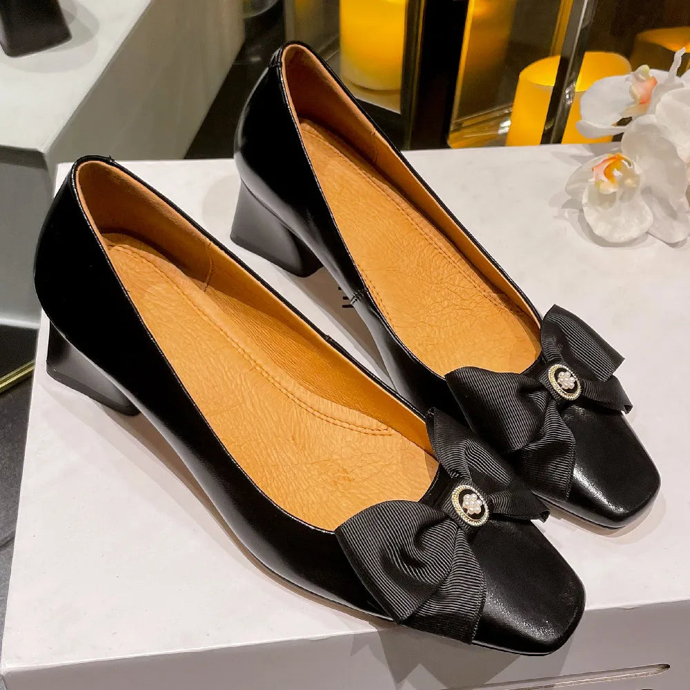 genuine leather square toe slip-on pumps korean style sweet bowtie elegant 4.5cm thick med heel shoes