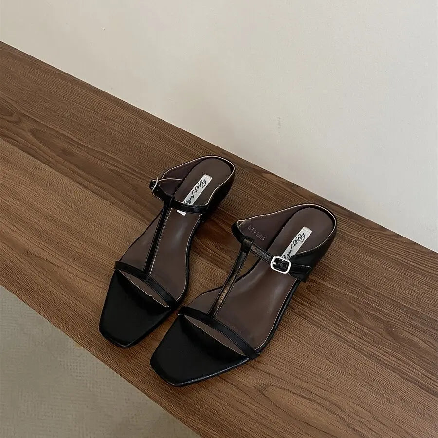 Slipper Square Heels Sandals Square Toe Party Wedding Shoes Slip On Beach Slides Mujer