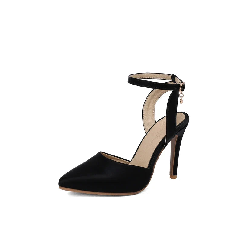 Pu Leather Ankle Strap Buckle Stiletto Pumps Slingback Pointed Toe High Heels Sandals Shoes Large Size 33-50