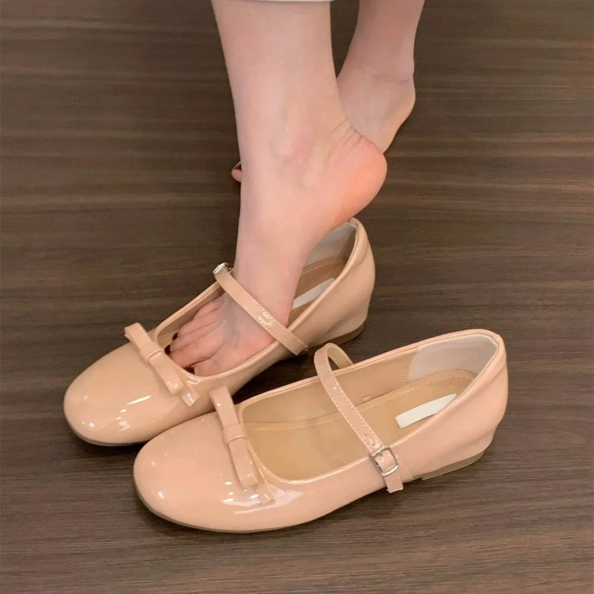 bouble bowtie flats japanned leather ballerina shoes height increasing bowknot ankle strap loafers slip on wedges