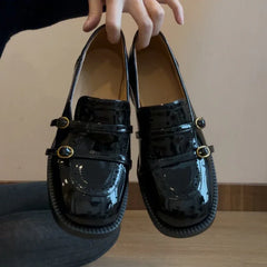 High Quality Patent Leather Loafers Double Narrow Band Buckle Shoes Retro British Style Zapatos De Mujer