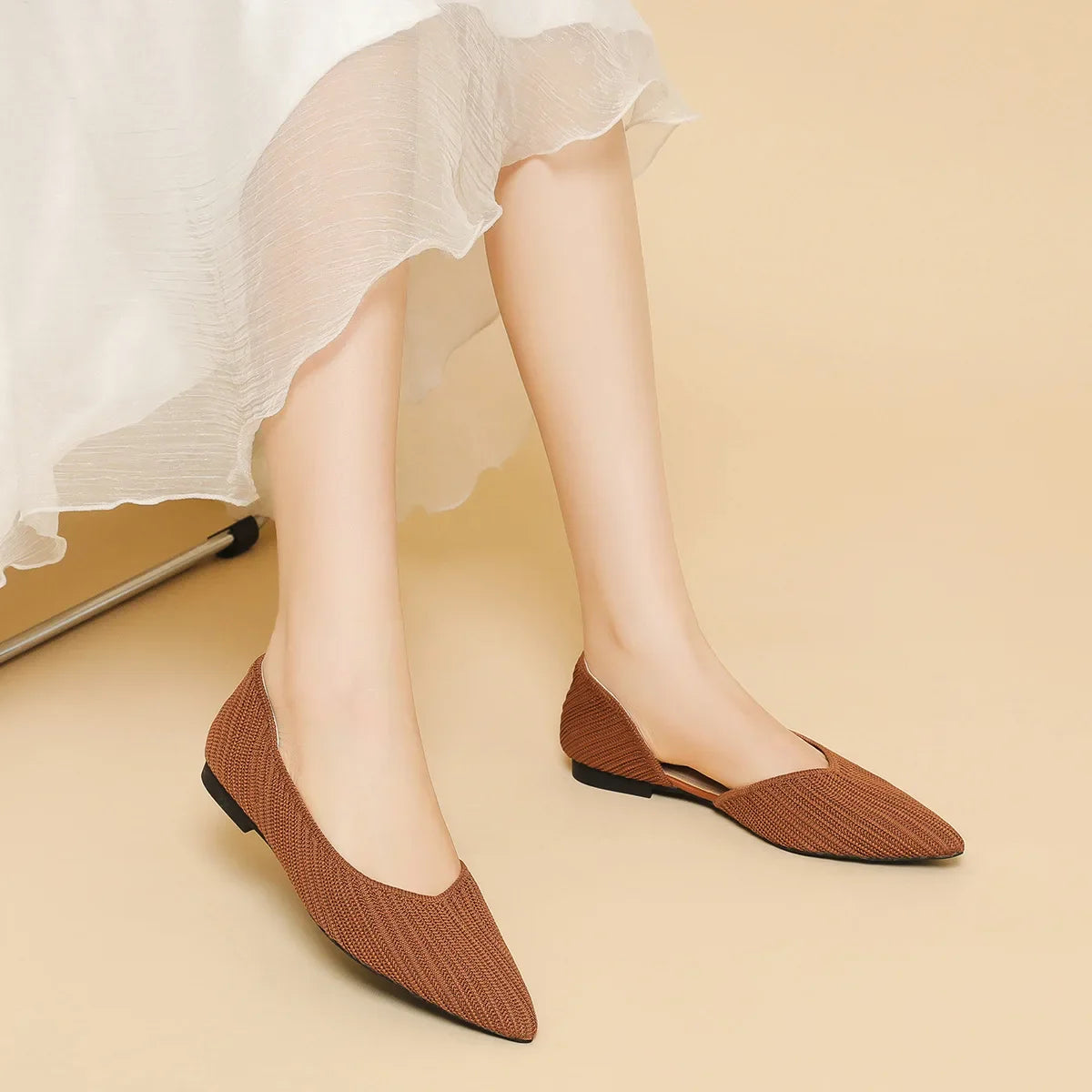 D'orsay Flats Shoes Stretch Soft Ballerinas Loafers Femmes Pointed Toe Slip On Moccasines Fly Weaving Princess Ballets