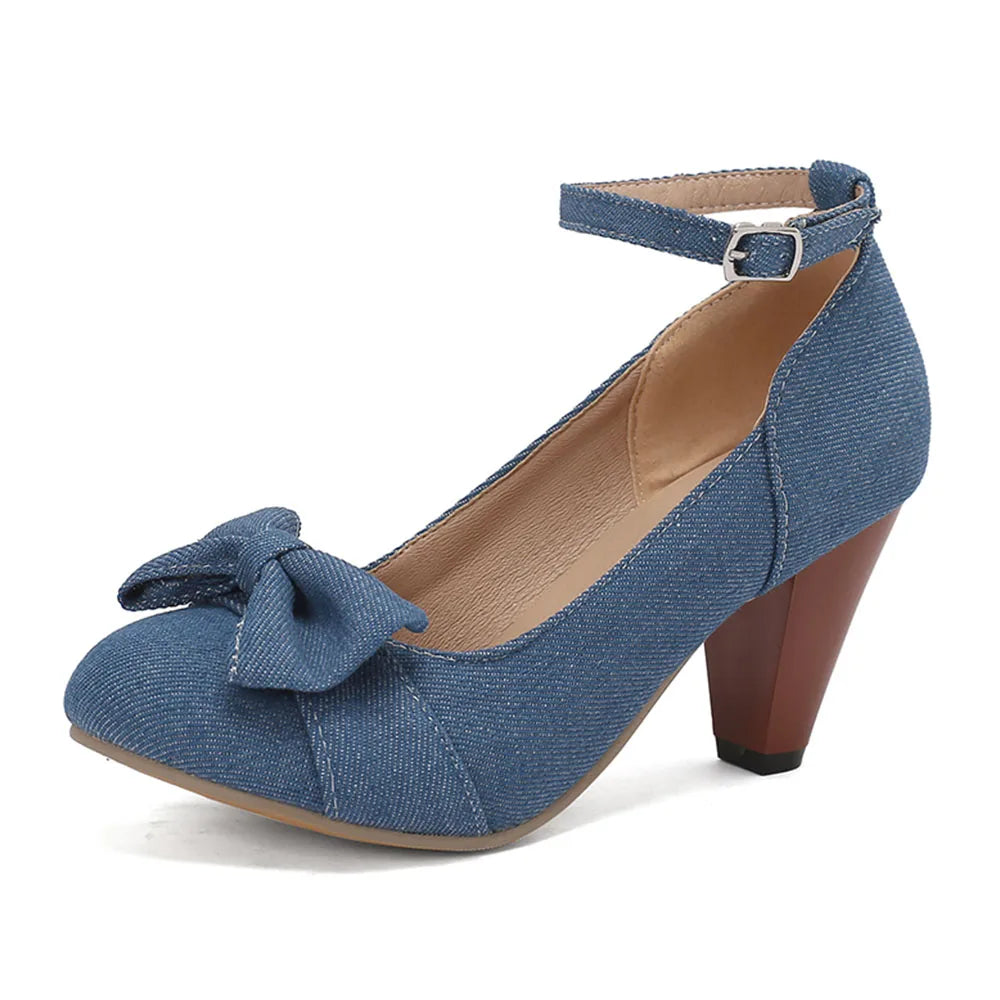 Plus Size 48 Brand Round Toe Chunky Heel Pumps Elegant Bow Buckle Solid Party Shoes
