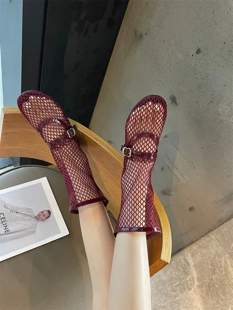 Woman Ankle Boots Burgundy Mesh Flat Shoes Porosity Round Toe Low Heels Shoes White Flats Size 43 Botas Feminino