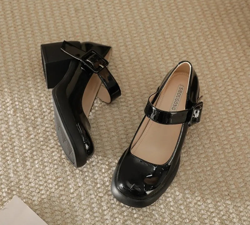 High Heels Word Belt Mary Jane Single Shoes Thick Heel Light Mouth Buckle High Heel Leather Shoes