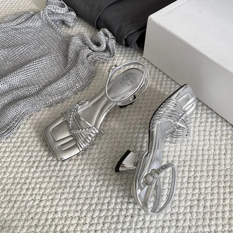 woven square toe strange heel buckle strap shoes
