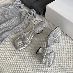 woven square toe strange heel buckle strap shoes