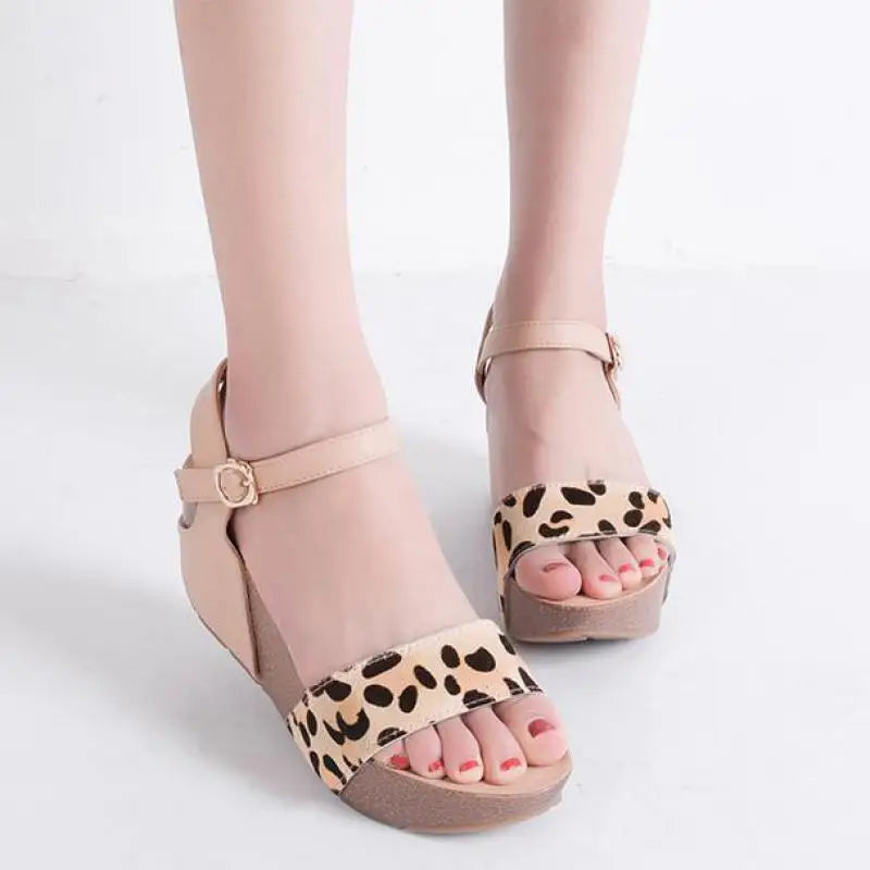 Genuine Horsehair High-heeled Thick-soled Leopard-print Roman Slope-heeled Sandals 32 33 Small Size Shoes