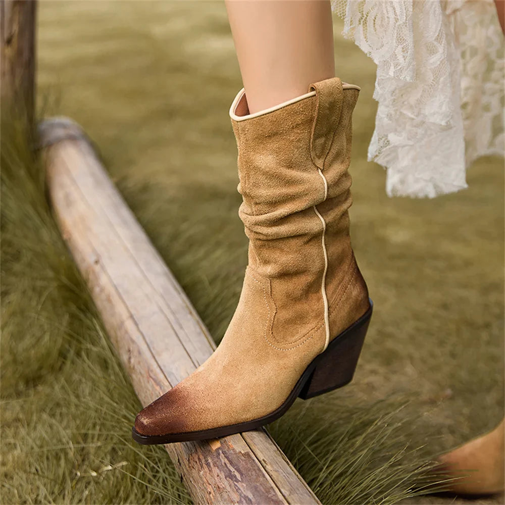 High Heel Leather Shoes Knight Boot Western Cowboy Boots Pointed Toe Thick Soled Short Boot