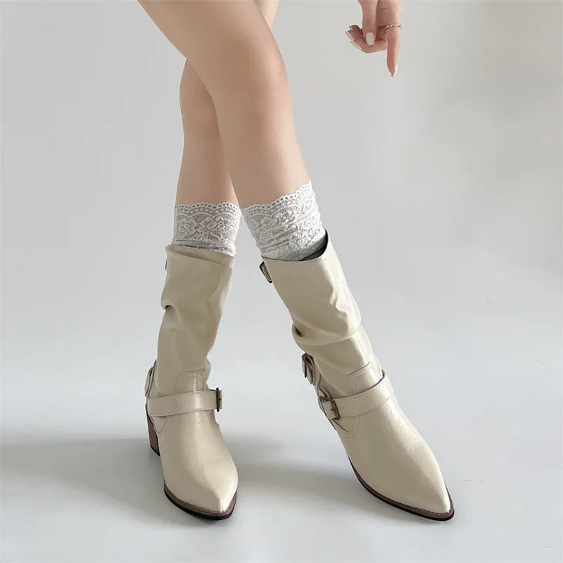 Western Cowboy Boots Vintage Slip On Thick Heel Shoes Mid Calf Botas Zapatos De Mujer