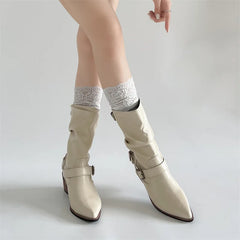 Western Cowboy Boots Vintage Slip On Thick Heel Shoes Mid Calf Botas Zapatos De Mujer