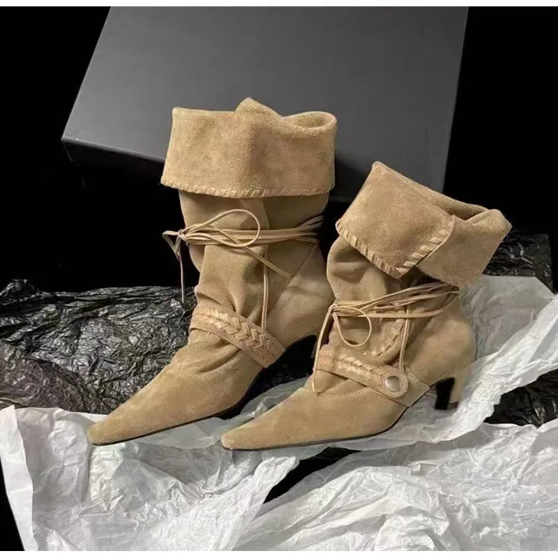 Faux Suede Weave Lace-up Motorcycle Boots High heels Chelsea Western Mid-Calf Short Booties Shoes