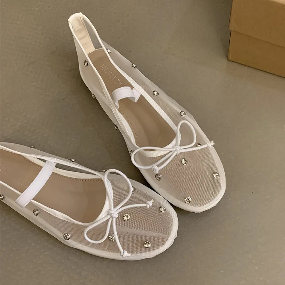 Flat Shoes Mesh Elegant Mary Jane Shoes Soft Sole Outdoor Dress Ballerinas