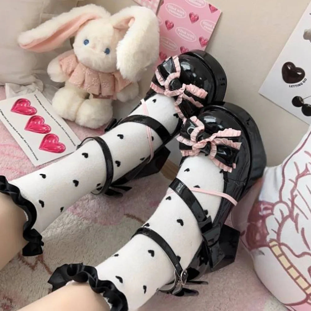 Lolita Bow Bow Decor Pumps Platform Chunky High Heels Ankle Strap Sweet Cute Elegant Pumps