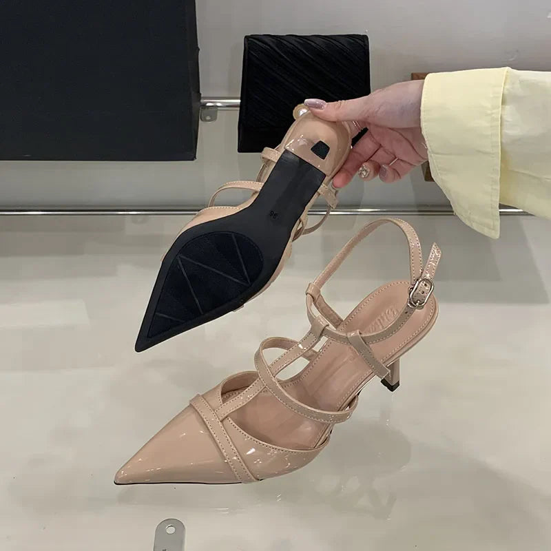 Pointed Toe Pumps Heels Shoes Ankle Buckle Footwear T-Strap Thin High Heels Shoes