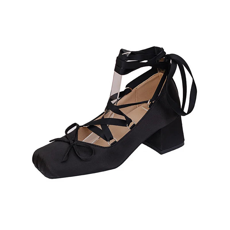 Coarse Heels Pink Cross Tie High Heels girl Ballet Shoes Elegant Silk Lolita Single Shoes