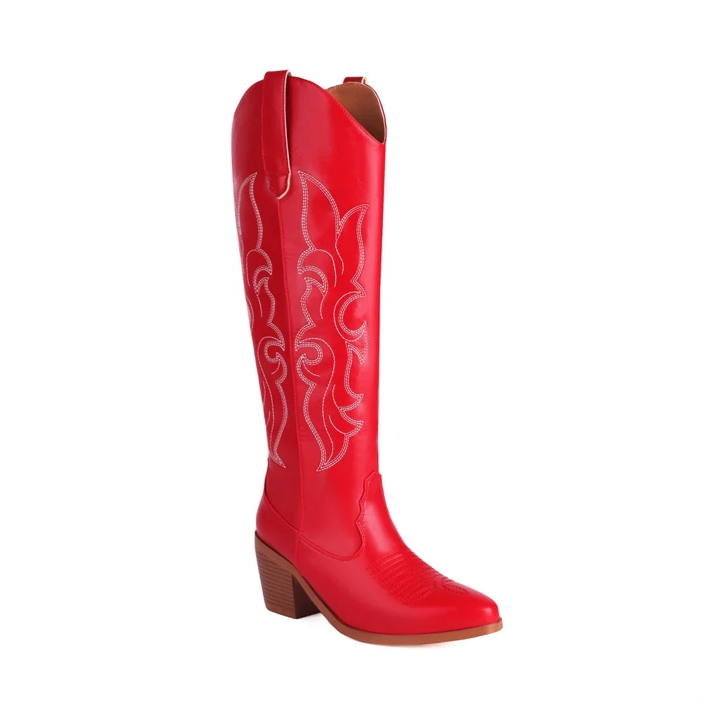 Western Cowboy Knee High Boots Pointed Toe Thick High Heeled Embroider Red Long Booties Trendy Shoes Woman