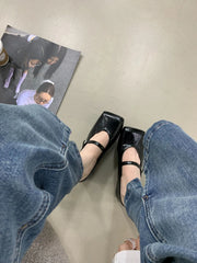 Shoes Low Heels Square Toe Shallow Mouth Footwear Oxfords Modis Dress Leather Cute Rubber