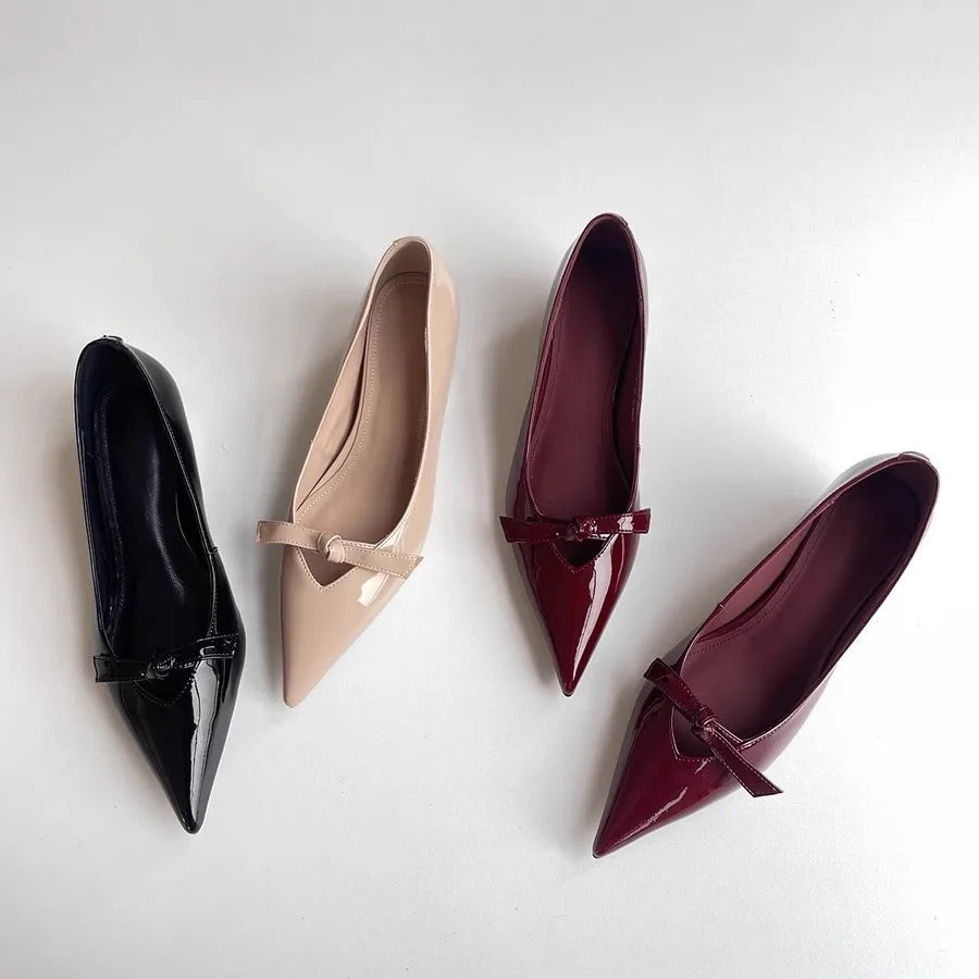 Lamb Skin Mary Janes Pointed Toe Low Heel Slip-On Shoes French Elegance Butterfly Knot
