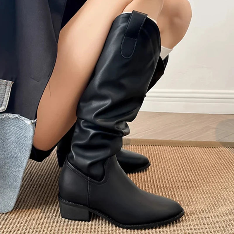Vintage Woman Knight Knee High Boots Shoes Concise Slip On Western Cowboy Botas
