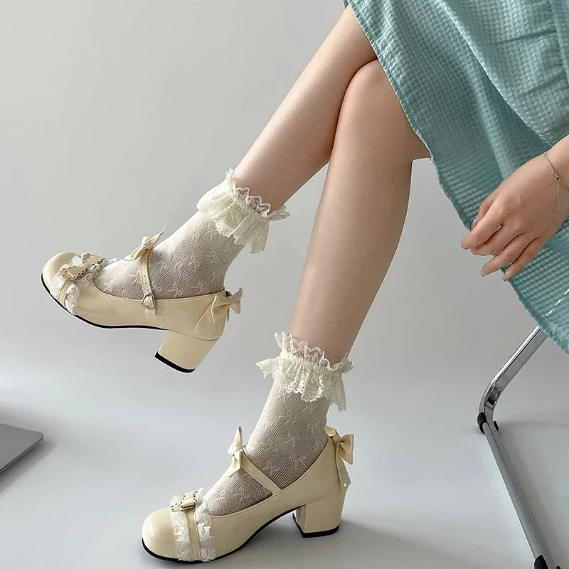 Cute Lace JK Mary Jane Shoes Butterfly-knot Leather Shoes Outdoor Party Dress Pumps