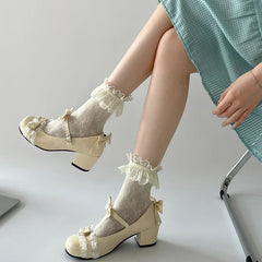 Cute Lace JK Mary Jane Shoes Butterfly-knot Leather Shoes Outdoor Party Dress Pumps