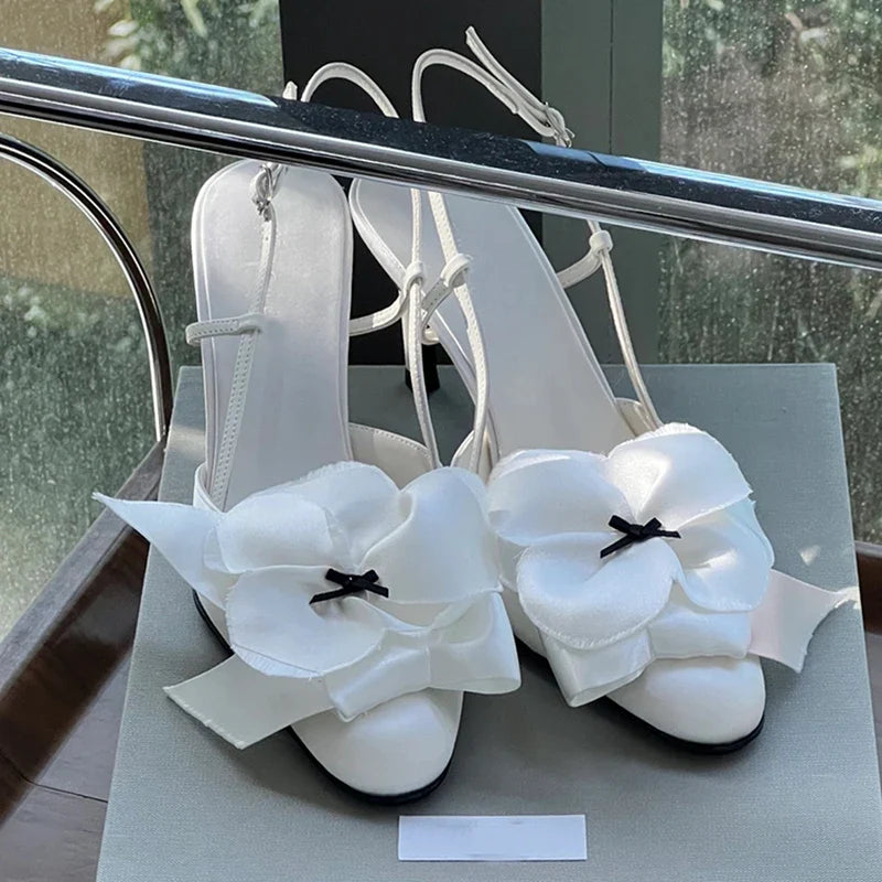 White Flower Sandals Round Toe Black Bow Detail Hollow Slingback Buckle Stiletto Heels Party Dress