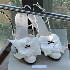 White Flower Sandals Round Toe Black Bow Detail Hollow Slingback Buckle Stiletto Heels Party Dress
