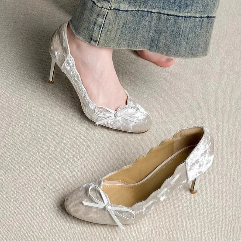 Brand High Heels Velvet Round Toe Butterfly-knot Pump Shallow Elegant Thin Heels Party