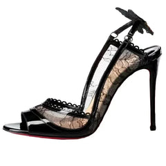 Cutout Lace Bowknot Peep Toe Slingback Sandals Thin High Heels Black Patent Leather Party Wedding Shoes