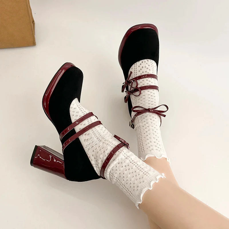 Thick Heel Mary Jane Shoes Butterfly-knot Buckle Strap Shoes Elegant Party Dress Pumps
