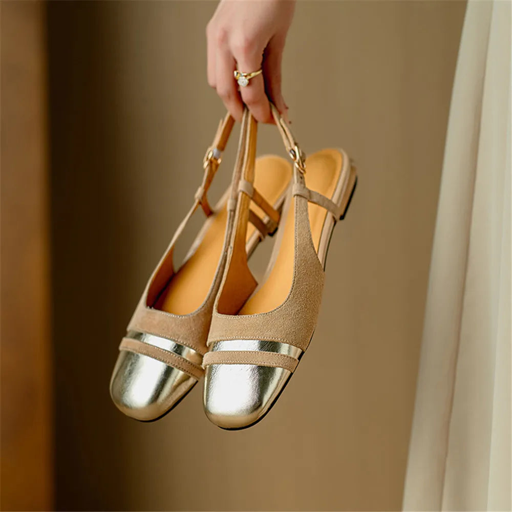 Classic Design Cow Leather Flats Shoes Slingbacks Comfort Woman Round Toe Flats Shoes