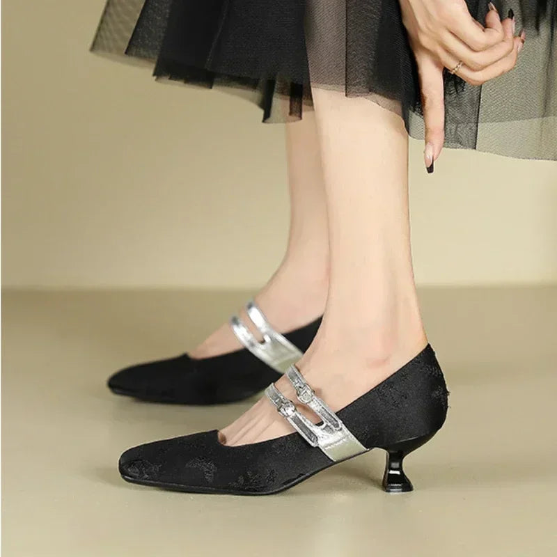 High Heels Silk Square Toe Elegant Comfort Belt Buckle Low Heel Shoes