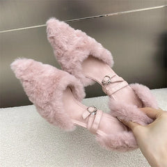 Faux Fur Fluffy Street Style Pointed Toe Thin High Heels Shoes Elegant Party Prom Zapatos De Mujer
