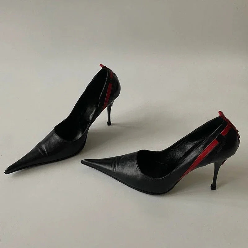 Pointed Toe Stiletto Rivet Decoration Shoes Black and Red Rome Shoes Slip-on Hand-made