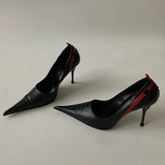 Pointed Toe Stiletto Rivet Decoration Shoes Black and Red Rome Shoes Slip-on Hand-made