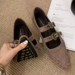 Rivets Pointed Toe Mary Jane Shoes High Quality Double Belt Buckle Design British Style Casual Flat Shoes