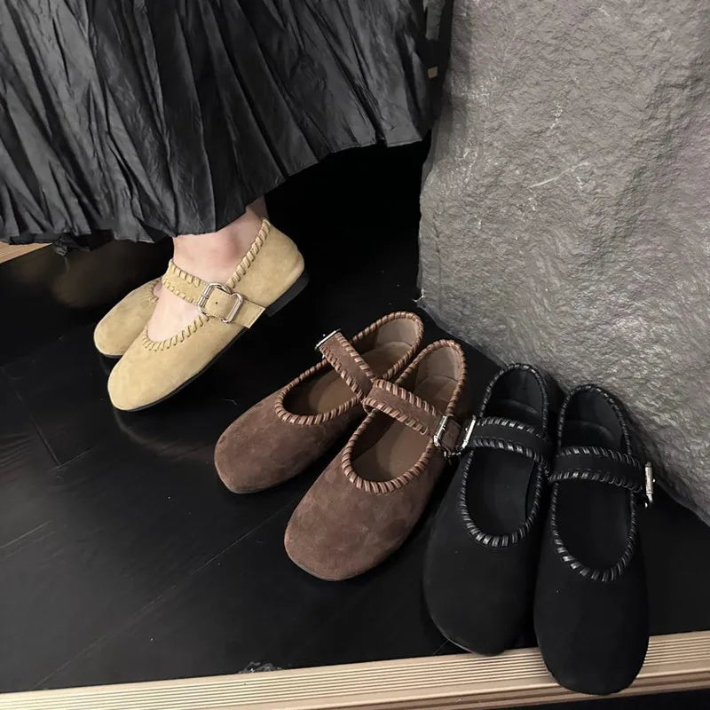 High Quality Woven Faux Suede Leather Mary Jane Shoes Metal Belt Buckle Design Shoes Comfortable Flat Loafers