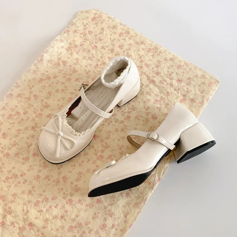 Thick Heel Mary Jane Shoes Concise Butterfly-knot Single Shoes Elegant Dress Leather Pumps
