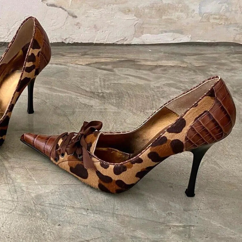 Leopard Print High Heels Pointed Toe Pumps Lace Up Elegant Sandal Rhinestone Party