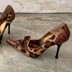 Leopard Print High Heels Pointed Toe Pumps Lace Up Elegant Sandal Rhinestone Party