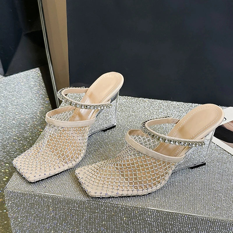 Sandals Rhinestone Mesh High Heels Footwear Elegant Square Toe Transparent Wedges Slippers