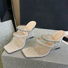 Sandals Rhinestone Mesh High Heels Footwear Elegant Square Toe Transparent Wedges Slippers