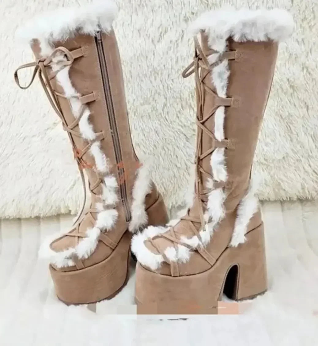 Snow Boots Platform Wedge High Heel Faux Fur Lady Shoes Plush Warm Non-slip Mid Calf Boots Goth Shoes