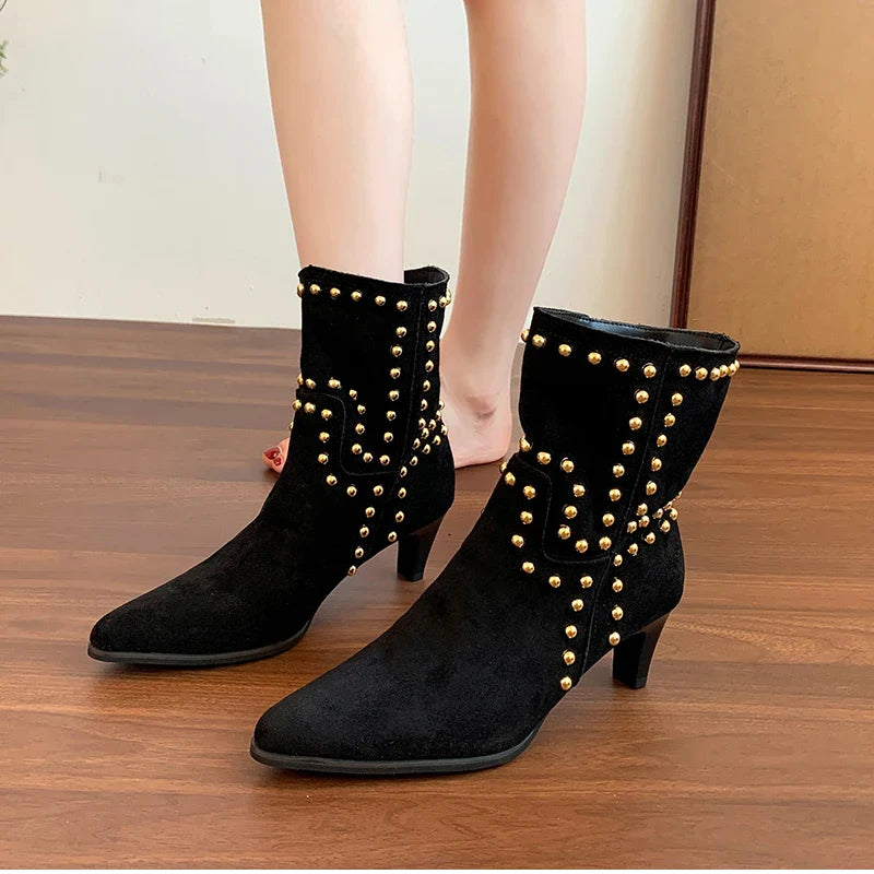 Street Style Pointed Toe Ankle Boots Slip On Square Heels Shoes Modern Short Booties